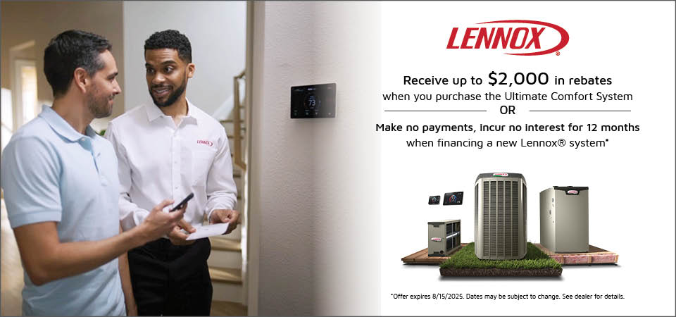 Lennox rebate or financing offer with two people looking at a thermostat on the wall